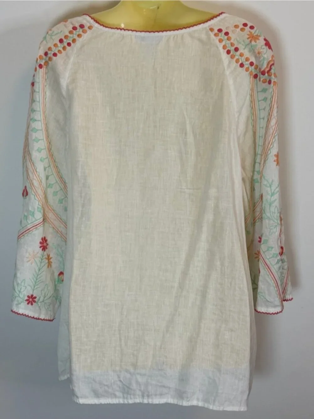 Embroidered Boho White Peasant Top with Mint & Coral Accents